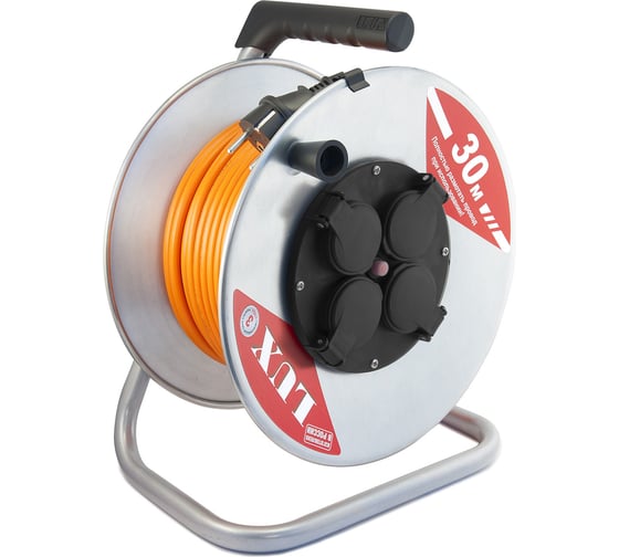 Изображение товара Силовой удлинитель LUX на металлической катушке К4-Е-30 ПВС 3x1.5 30 м 16 А 4 розетки с защитной крышкой IP44 50130 4606400420378