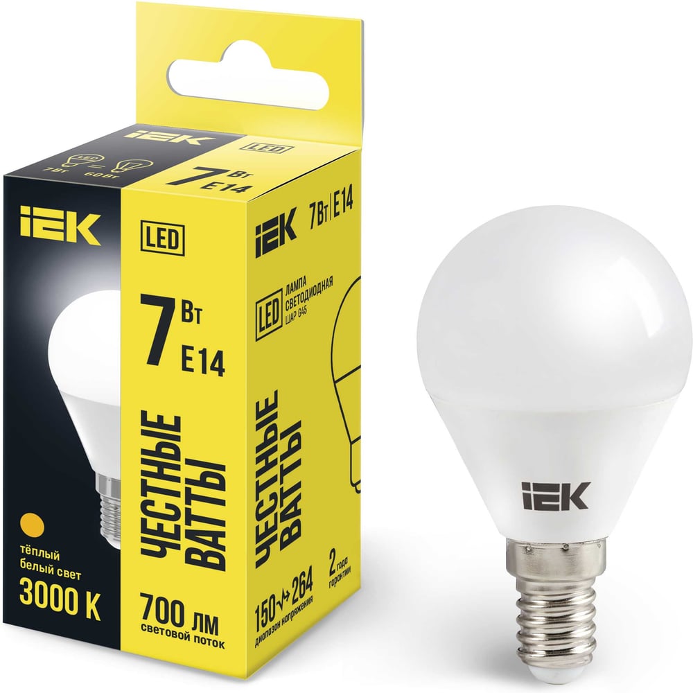 Лампа IEK LED G45 шар 7 Вт 230 В 3000К E14 LLE-G45-7-230-30-E14