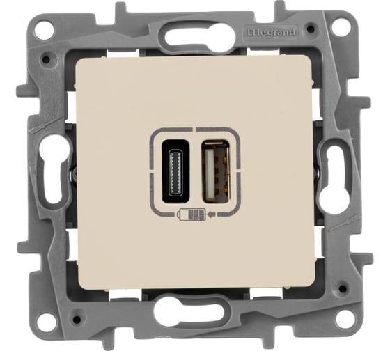 Изображение товара Зарядное устройство Legrand Etika с двумя USB-разъемами тип A-тип C 240 В/5 В 3000 мА слоновая кость 672336