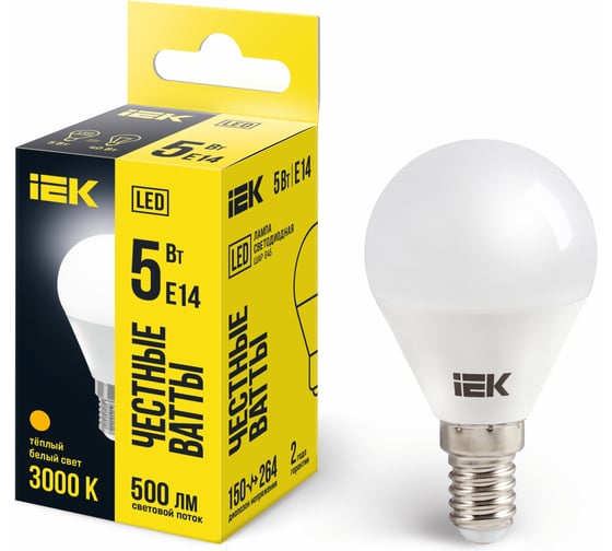 Изображение товара Лампа IEK LED G45 шар 5 Вт 230 В 3000К E14 LLE-G45-5-230-30-E14