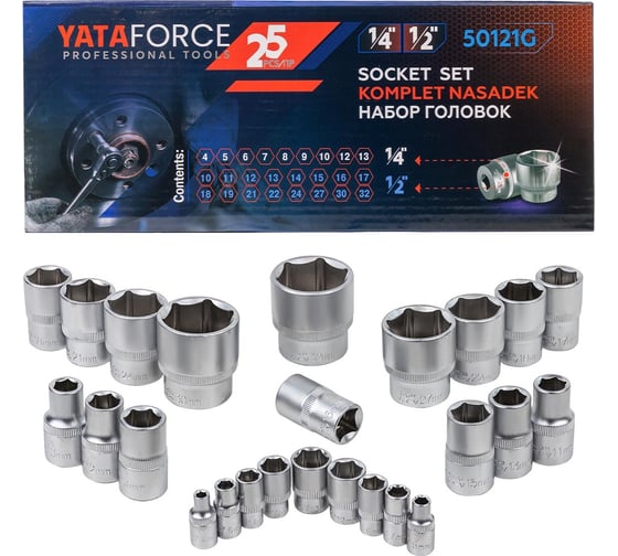 Изображение товара Головки 1/4"DR, 1/2"DR, набор 25 предметов, 6-гр YATAFORCE YF-50121G(57685)