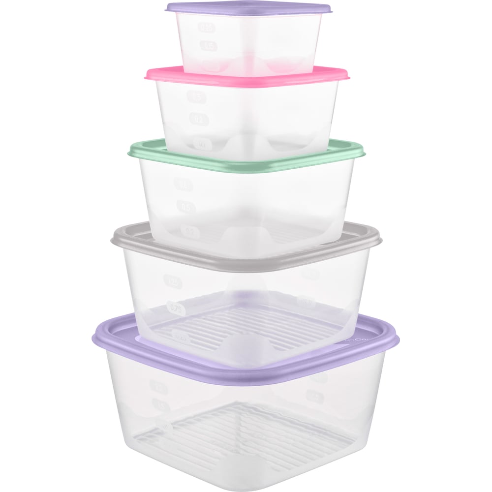 Изображение товара Набор емкостей для продуктов Funcook Fusion квадратные 5 шт пластиковые объемы 0,33-2,6 л