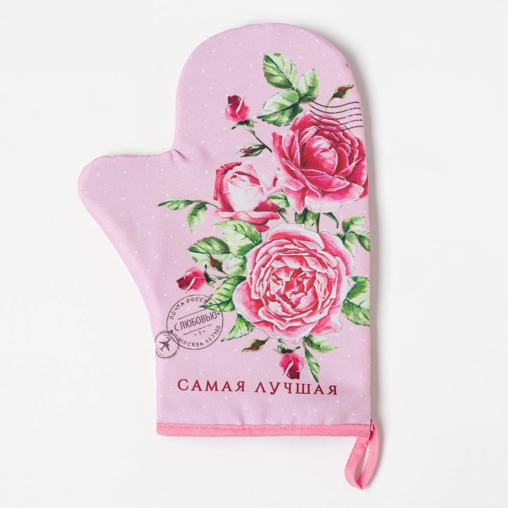 Изображение товара Варежка-прихватка Доляна 20x28 см габардин ватин 250 г/м2 розовая/зеленая