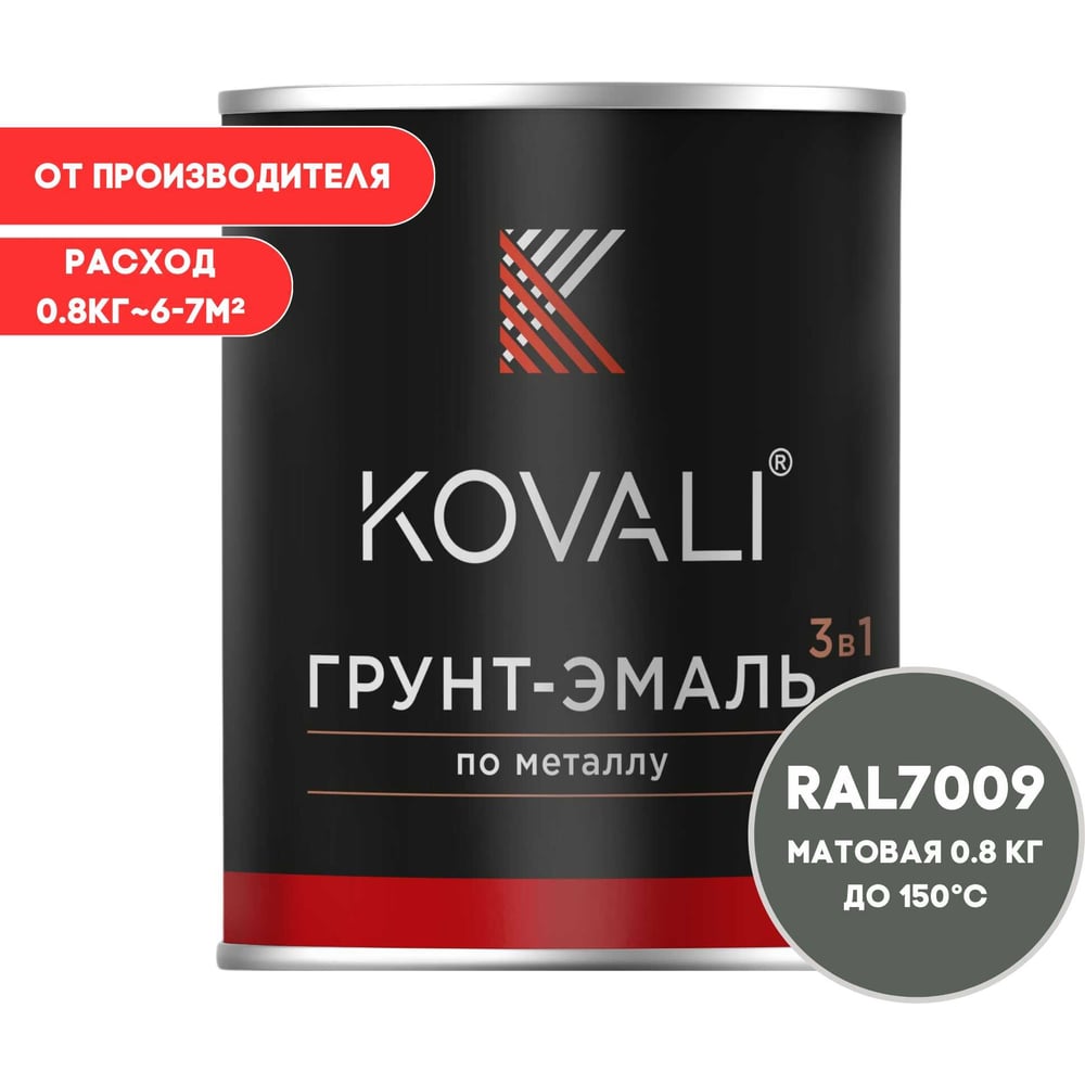 Изображение товара Грунт-эмаль KOVALI 3 в 1 матовая зелено-серая RAL 7009 0,8кг для металла и бетона