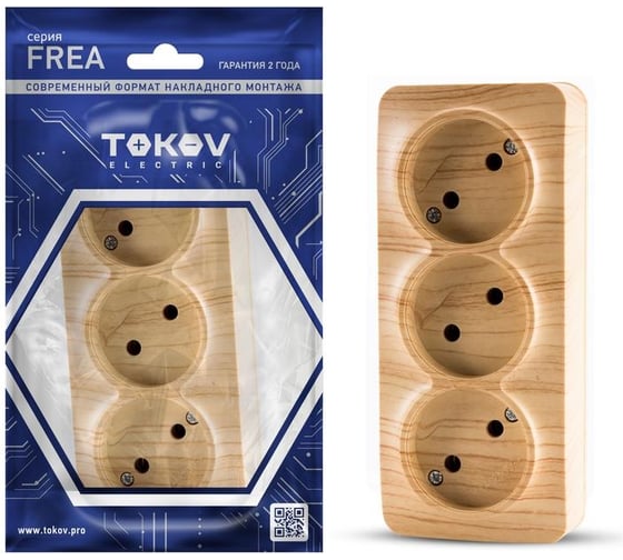 Изображение товара Розетка 3-местная TOKOV ELECTRIC ОП Frea 16А IP20 250В без заземл. АБС-пластик сосна TKE-FR-R3-C25