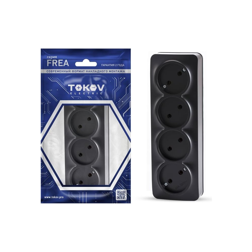 Изображение товара Розетка 4-местная TOKOV ELECTRIC серия Frea IP20 16А 250В с задней стенкой и винтовым зажимом