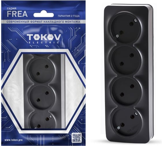 Изображение товара Розетка 4-местная TOKOV ELECTRIC ОП Frea 16А IP20 250В без заземл. АБС-пластик карбон TKE-FR-R4-C14