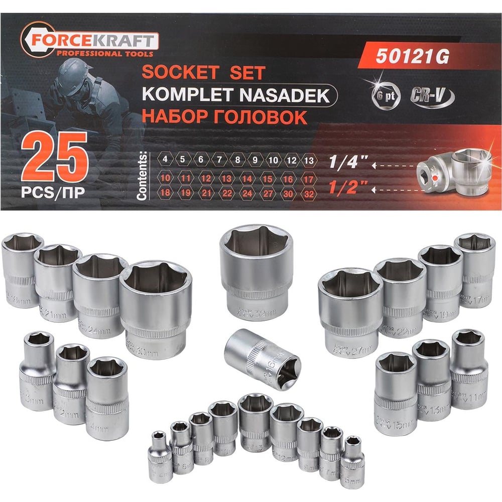 Изображение товара Набор головок 25 предметов Forcekraft FK-50121G 4-32 мм в кейсе