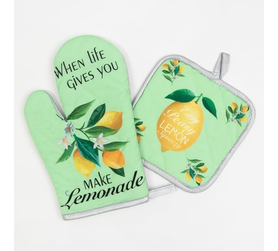 Изображение товара Кухонный набор Доляна 2 предмета, Lemon, прихватка 17х17 см, рукавица 26х16 см, 100% п/э 5985593