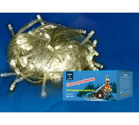 Изображение товара Светодиодная гирлянда с контроллером Uniel ULD-S0500-050/DTA WARM WHITE, IP20, 5м UL-00005256