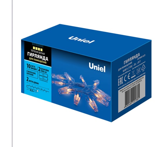 Изображение товара Светодиодная гирлянда на батарейках Uniel ULD-S0200-010/STB/2AA WARM WHITE, IP20, CLIPS, 2AA UL-00005484