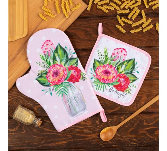 Изображение товара Кухонный набор Доляна "Be bright", варежка-прихватка 20x28 см, прихватка 17x17 см, 35% х/л, 65% п/э 6959811