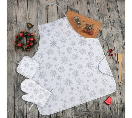 Изображение товара Кухонный набор Доляна 3 предмета, Снежинки серебро прихватка 17х17 см, варежка 26х16 см, фартук 70х80 см, 100% п/э 9446107