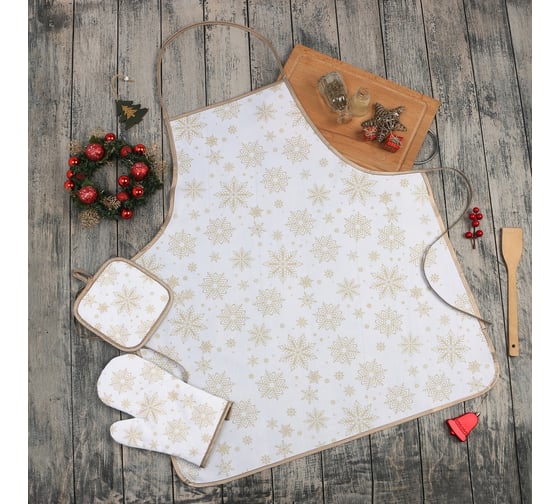 Изображение товара Кухонный набор Доляна 3 предмета, Снежинки золотые прихватка 17х17 см, варежка 26х16 см, фартук 70х80 см, 100% п/э 9446102