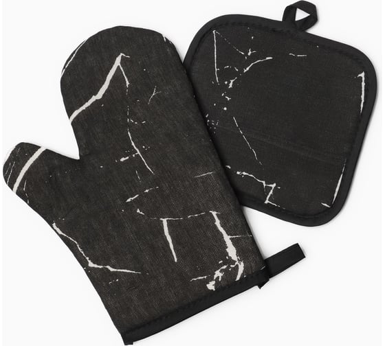 Изображение товара Кухонный набор Доляна 2 предмета, цвет черный, прихватка 17х17 см, варежка 26х16 см, 100% п/э 9687382