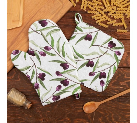 Изображение товара Кухонный набор Доляна Olives: варежка 20x27 см, прихватка 19x19 см, 100% хлопок 9215879