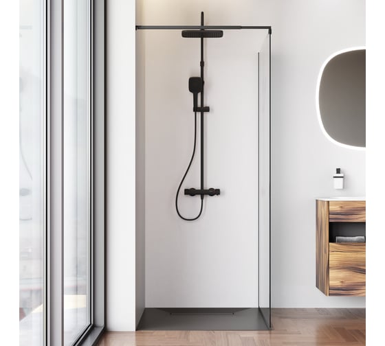 Изображение товара Душевая перегородка AM.PM Func 90x200, стекло прозр. 8 мм + покрытие, профиль черный W84WI-90-F1-BTE