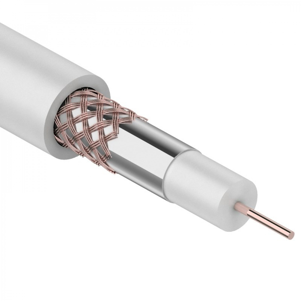 Коаксиальный кабель rexant rg-59u+cu 75 ом, cu/al/cu, 64%, бухта 100 м, белый 01-2641