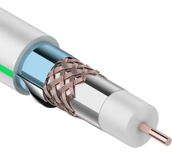 Изображение товара Коаксиальный кабель REXANT RG-6U+Cu 75 Ом Cu/Al/Cu/Al 90 процентов две фольги бухта 100 м белый 01-2241