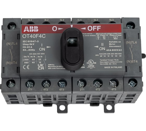 Изображение товара Реверсивный рубильник ABB OT40F4C до 40A 4х-полюсный для установки на DIN-рейку или монтажную плату с р 1SCA104934R1001