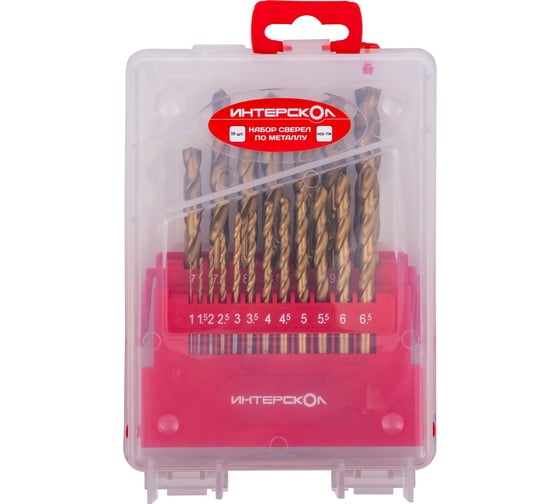 Изображение товара Набор сверл по металлу из быстрорежущей стали HSS-TiN, 19 шт, 1-10 мм Интерскол 18301.019