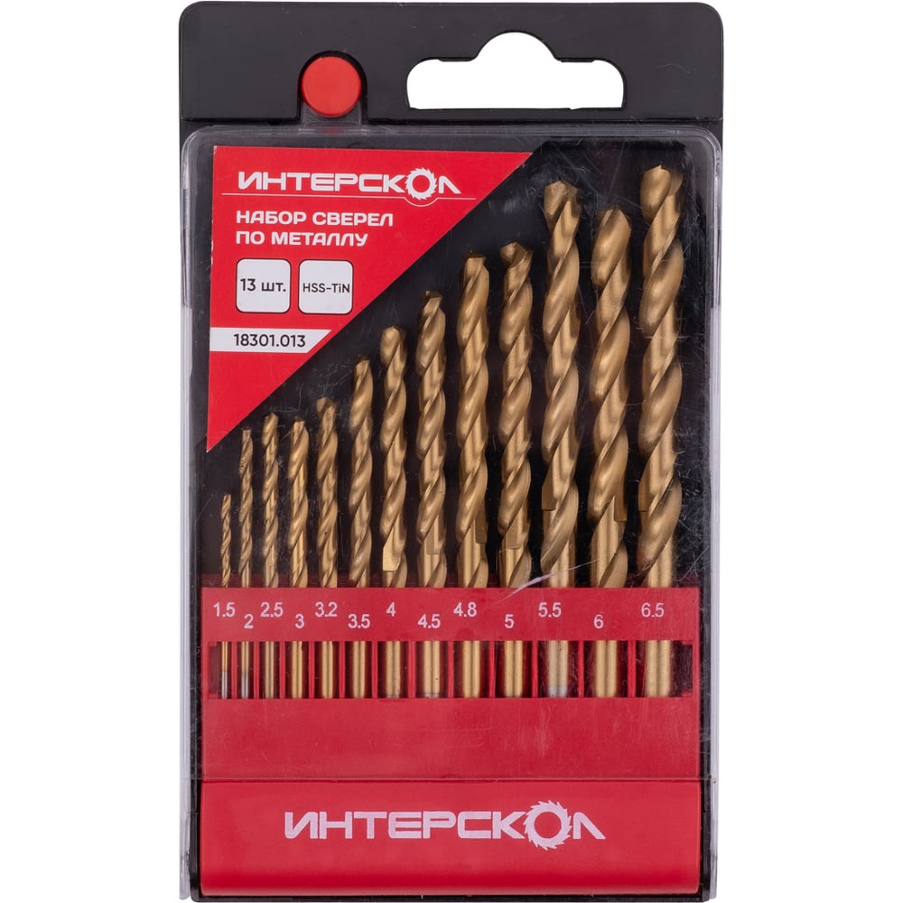Изображение товара Набор сверл по металлу из быстрорежущей стали HSS-TiN 13 шт 1-6.5 мм Интерскол 18301.013