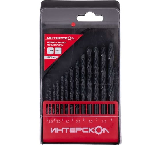 Изображение товара Набор сверл по металлу из быстрорежущей стали HSS-R, 13 шт, 2-8 мм Интерскол 18201.013