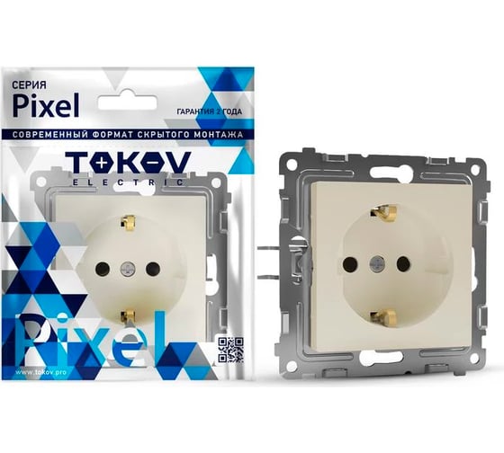 Изображение товара Механизм 1-местной розетки TOKOV ELECTRIC СП Pixel 16А, IP20, с заземлением, защитные шторки, бежевый TKE-PX-R1ZSF-C02
