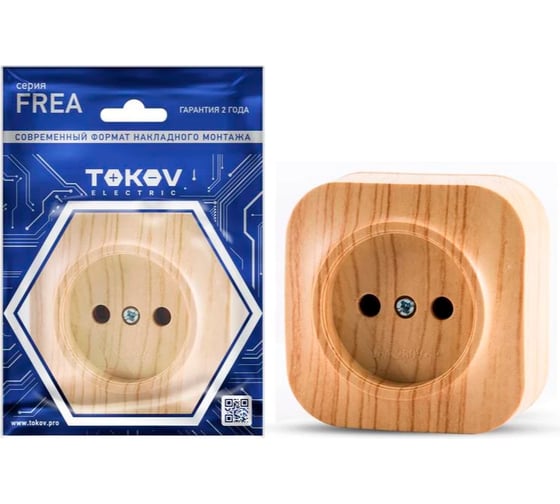 Изображение товара 1-местная розетка TOKOV ELECTRIC ОП Frea 16А, IP20, 250В, без заземления, АБС-пластик, сосна TKE-FR-R1-C25