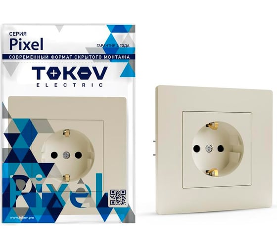 Изображение товара 1-местная розетка TOKOV ELECTRIC СП Pixel 16А, IP20, с заземлением, защитные шторки, в сборе, бежевый TKE-PX-R1FZSF-C02