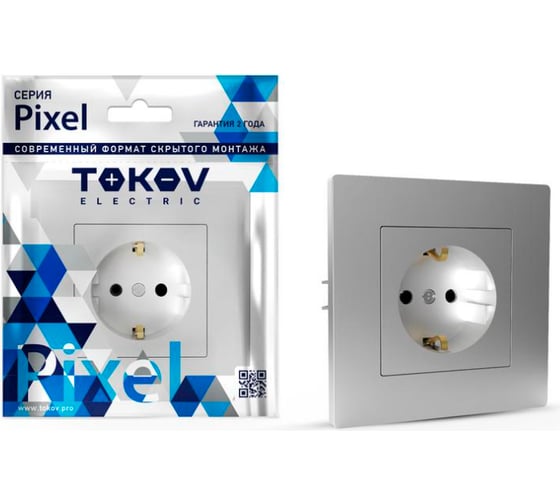 Изображение товара 1-местная розетка TOKOV ELECTRIC СП Pixel 16А, IP20, с заземлением, защитные шторки, в сборе, алюминий TKE-PX-R1FZSF-C03