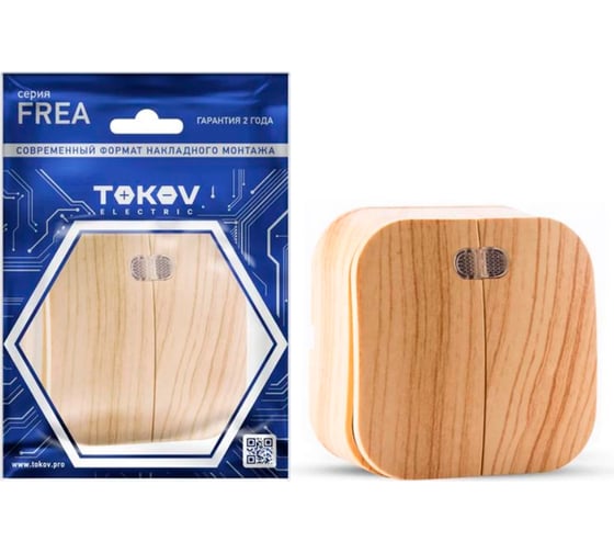 Изображение товара 2-клавишный выключатель TOKOV ELECTRIC ОП Frea 10А, IP20, 250В, с индикацией, АБС-пластик, сосна TKE-FR-V2I-C25