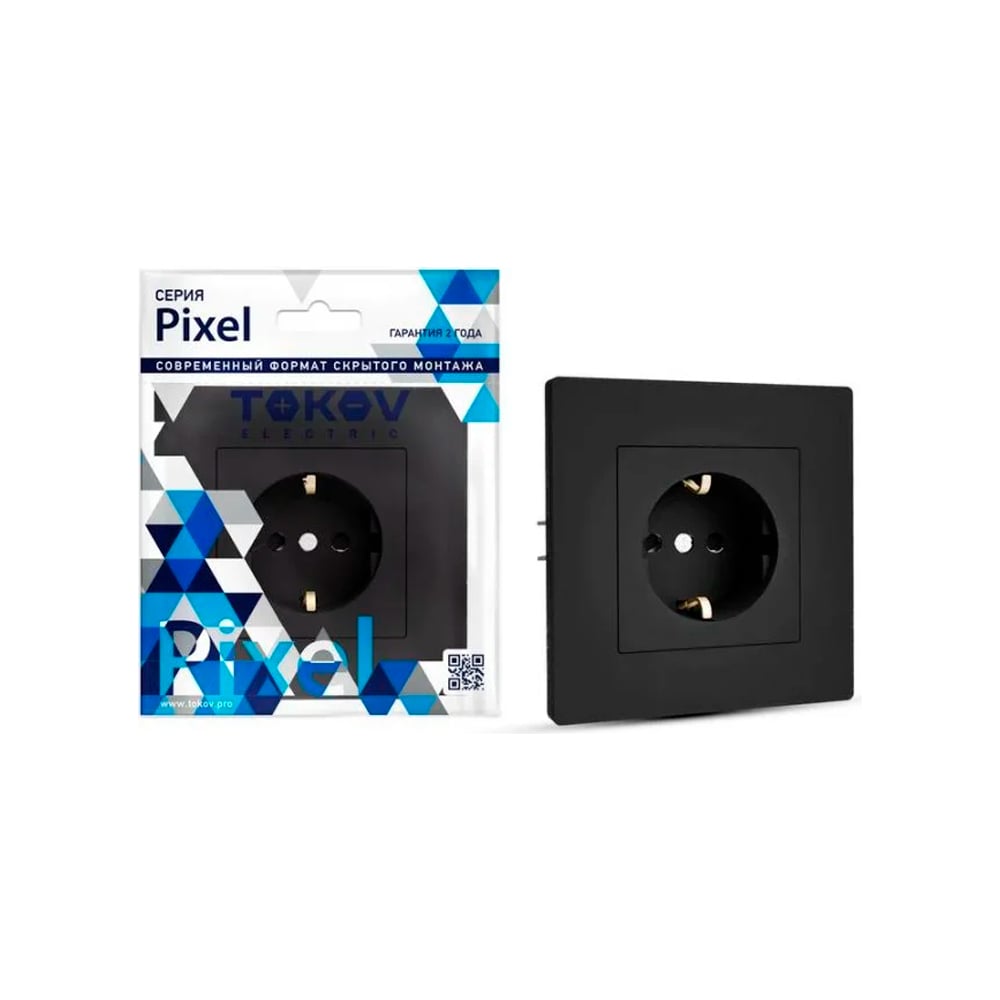 Изображение товара 1-местная розетка TOKOV ELECTRIC СП Pixel 16А, IP20, с заземлением, защитные шторки, в сборе, карбон TKE-PX-R1FZSF-C14