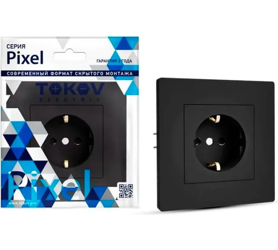 Изображение товара 1-местная розетка TOKOV ELECTRIC СП Pixel 16А, IP20, с заземлением, защитные шторки, в сборе, карбон TKE-PX-R1FZSF-C14