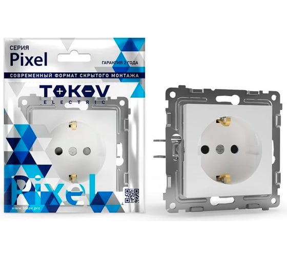 Изображение товара Механизм 1-местной розетки TOKOV ELECTRIC СП Pixel 16А, IP20, с заземлением, защитные шторки, белый TKE-PX-R1ZSF-C01