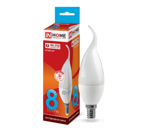 Изображение товара Светодиодная лампа IN HOME LED-СВЕЧА НА ВЕТРУ-VC 8Вт, 230В, Е14, 4000К, 720Лм 4690612030432