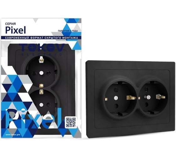 Изображение товара Розетка TOKOV ELECTRIC 2-местная СП Pixel 16А IP20 с заземлением, защитные шторки, в сборе карбон TKE-PX-R2FZSF-C14
