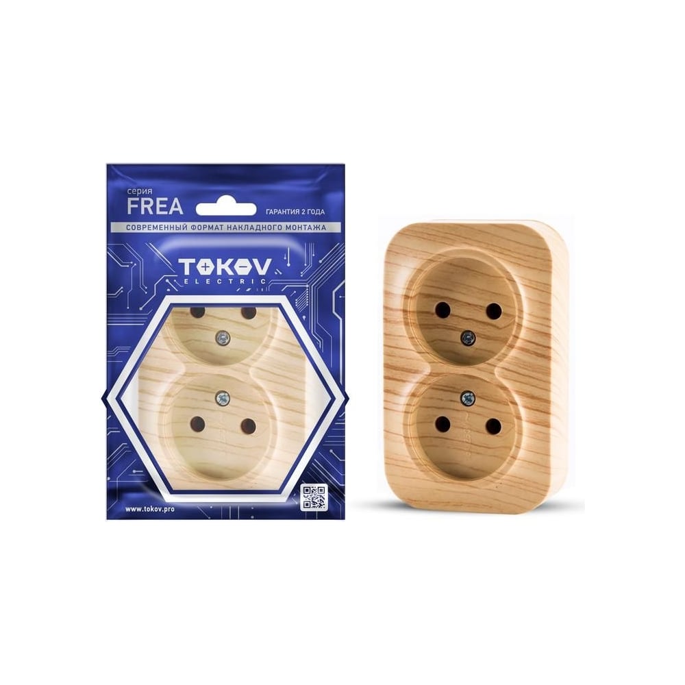 Изображение товара Розетка TOKOV ELECTRIC 2-местная ОП Frea 16А IP20 пластиковая сосна монтажная