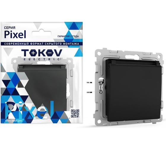 Изображение товара Розетка TOKOV ELECTRIC 1-местная СП Pixel 16А IP20 с заземлением, защитные шторки, с крышкой механизм карбон TKE-PX-R1ZSW1-C14