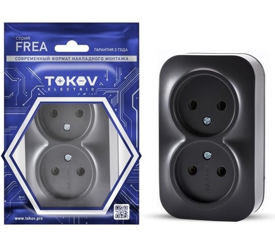 Изображение товара Розетка TOKOV ELECTRIC 2-местная ОП Frea 16А IP20 250В без заземлением АБС-пластик карбон TKE-FR-R2-C14