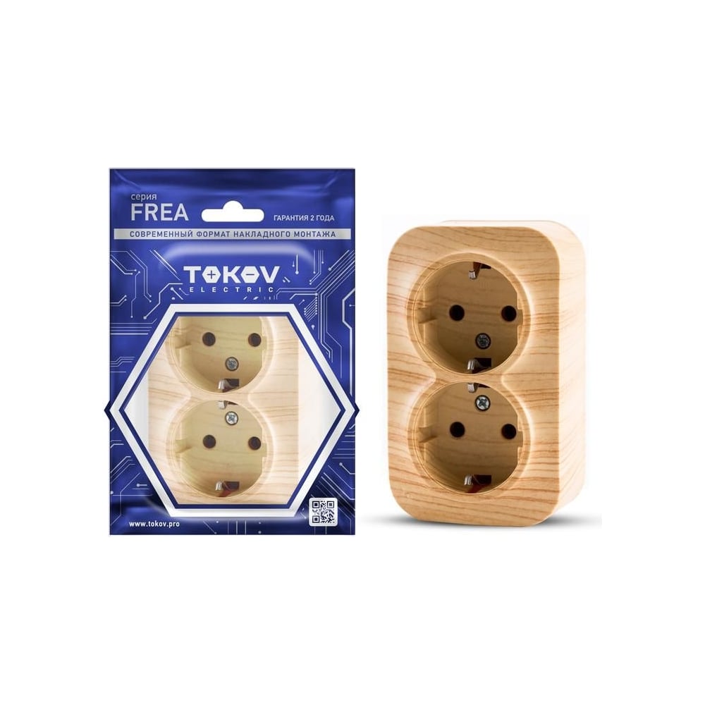 Изображение товара Розетка 2-местная TOKOV ELECTRIC Frea 16А IP20 с заземлением АБС сосна TKE-FR-R2Z-C25