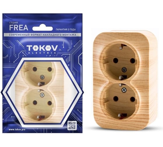 Изображение товара Розетка TOKOV ELECTRIC 2-местная ОП Frea 16А IP20 250В с заземлением АБС-пластик сосна TKE-FR-R2Z-C25