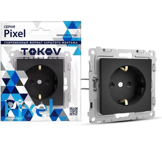 Изображение товара Розетка TOKOV ELECTRIC 1-местная СП Pixel 16А IP20 с заземлением механизм карбон TKE-PX-R1Z-C14