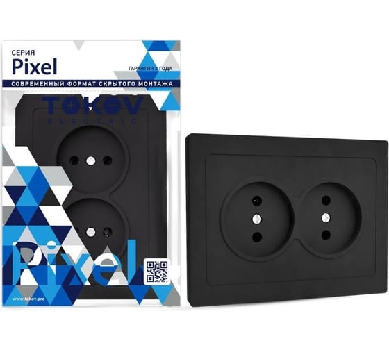 Изображение товара Розетка TOKOV ELECTRIC 2-местная СП Pixel 16А IP20 без заземлением в сборе карбон TKE-PX-R2F-C14