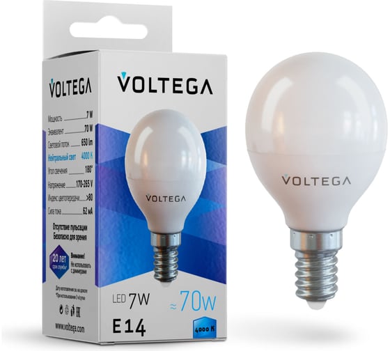 Изображение товара Светодиодная лампа VOLTEGA Шар Е14 4000К 7W 7055