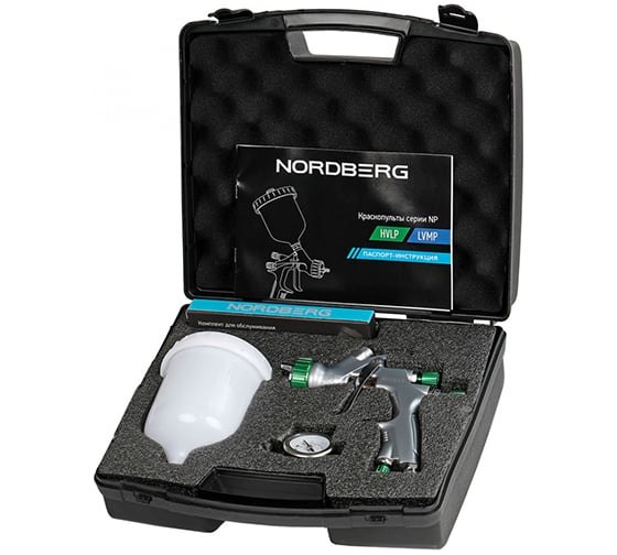 Изображение товара Краскопульт HVLP с верхним баком NORDBERG сопло 1.8 мм, пластиковый кейс NP7519