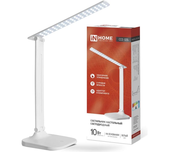 Изображение товара Настольный светодиодный светильник IN HOME SIMPLE ССО-02Б 10Вт 625Лм сенсор, адаптер белый 4690612013473