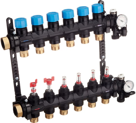 Изображение товара Композитная коллекторная группа Henco с расходомером (0-3л) и термометром, 1" - 6x3/4"EK UFH-0605MDK06-03L