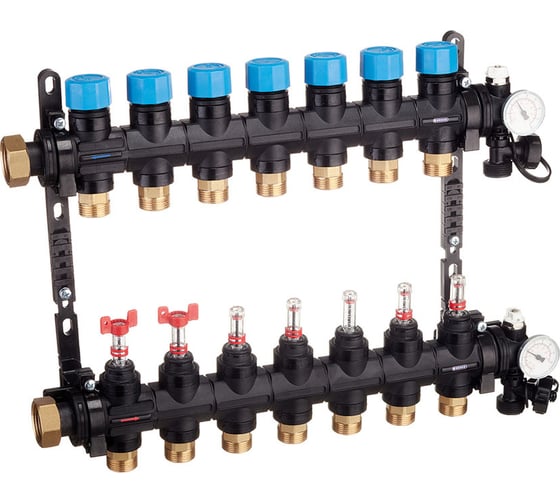 Изображение товара Композитная коллекторная группа Henco с расходомером (0-3л) и термометром, 1" - 7x3/4"EK UFH-0605MDK07-03L