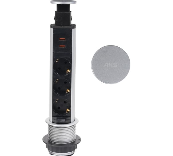 Изображение товара Выдвижной удлинитель AKS Vulcan USB, 60 мм, 3 розетки 2 USB, шлифованная сталь 78894